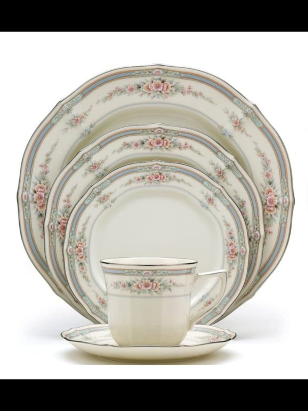 Noritake Floral Gold Trim Cream Pink Blue Dinnerware Set.